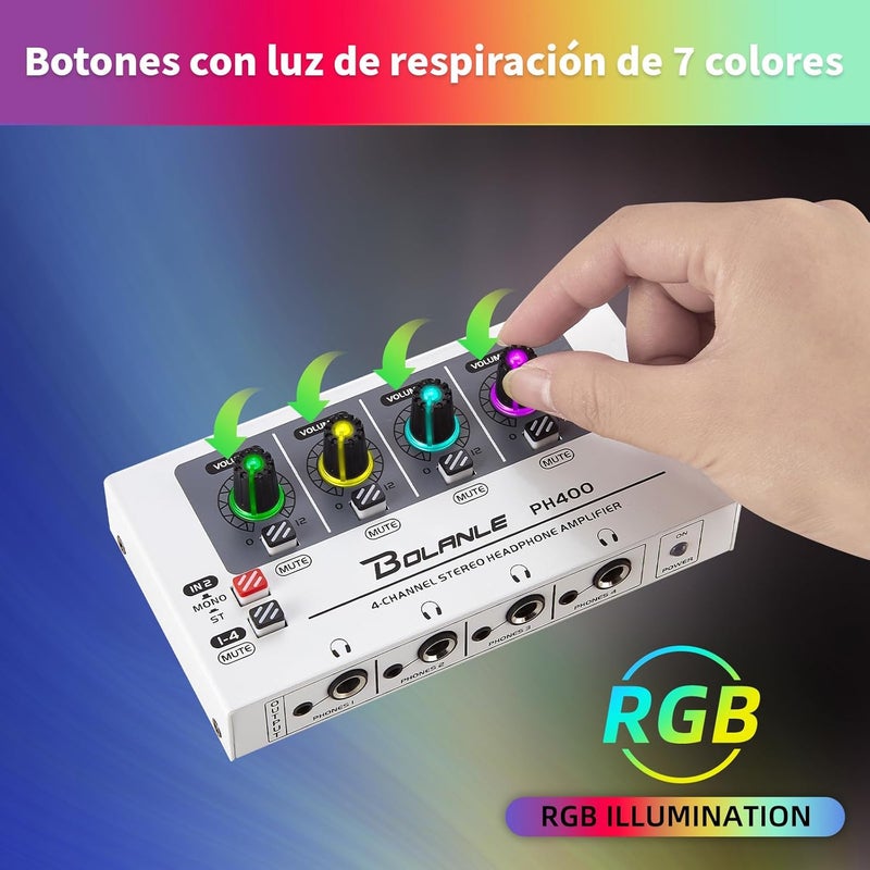 Bolanle PH400 4-Channel Headphone Amp with 8 Output Ports, 3.5mm & 6.35mm Jacks, Mono/Stereo Switch, 7 Color Breathing Light - Image 5